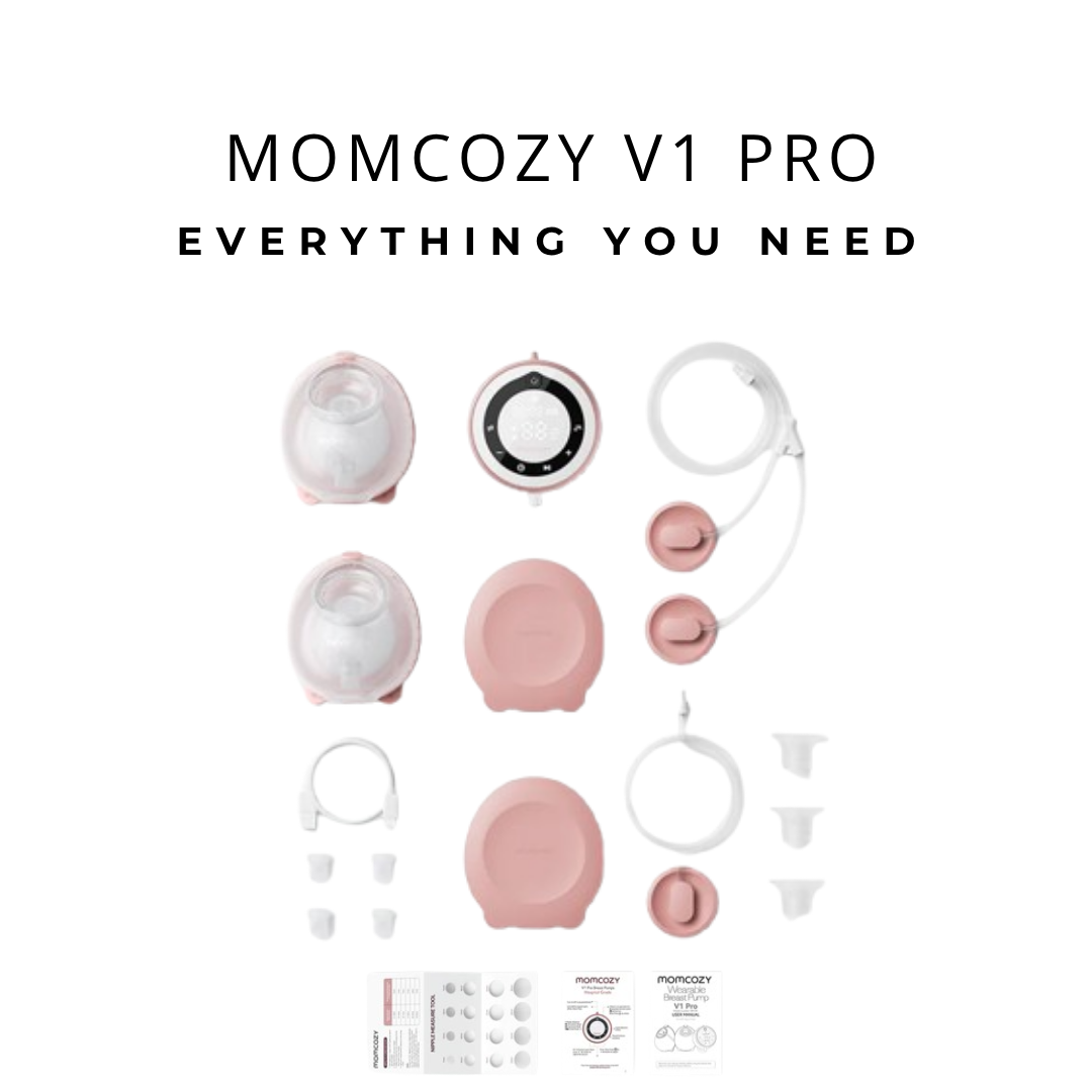 مضخة الثدي Momcozy V1 Pro مزدوجة القوة قابلة للارتداء، بجودة طبية، لون أبيض