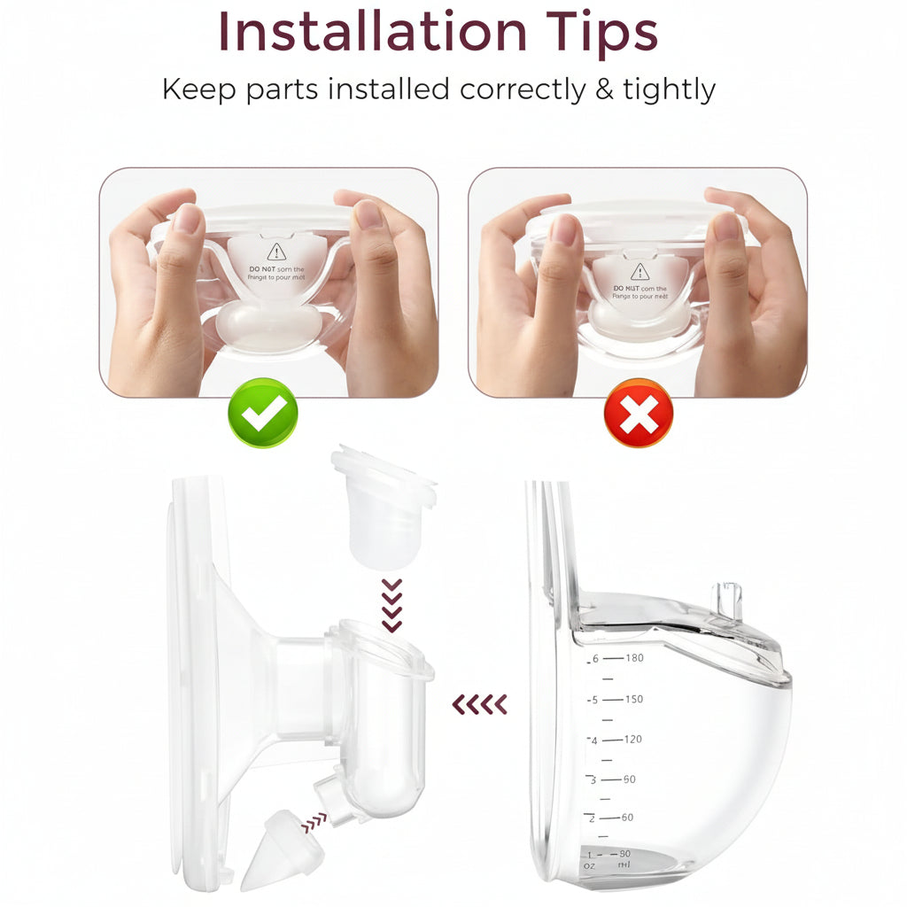 Installation tips for Momcozy M6 Milk Collector Cup, including correct part assembly guidelines.
