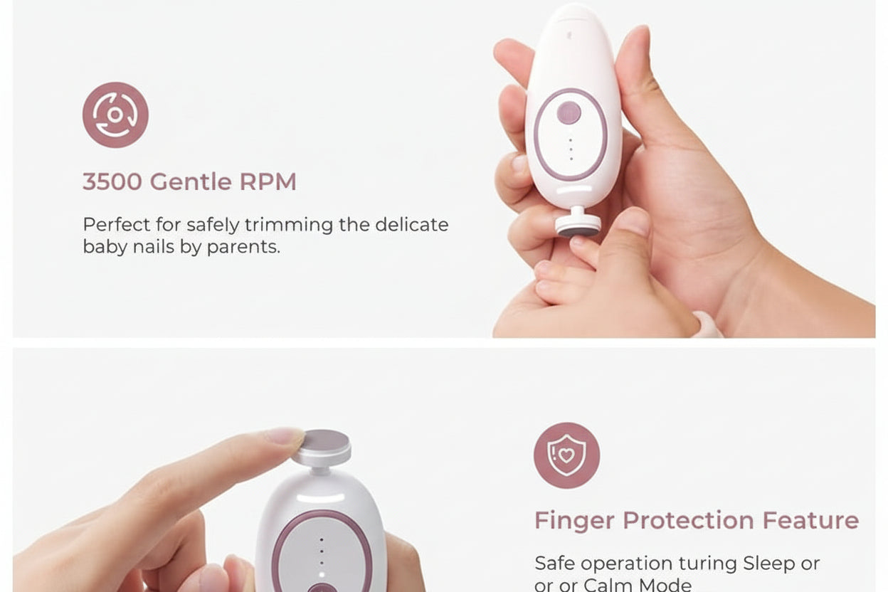 Buy Momcozy Electric Baby Nail File with LED features for safely trimming tiny nails, including 3500 low RPM and finger anti-touch design.