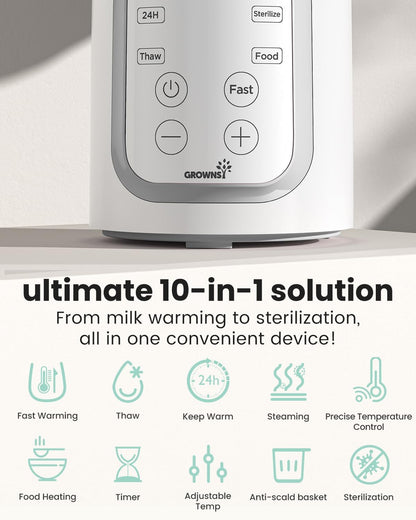 GROWNSY 10-in-1 Fast Baby Bottle Warmer & Sterilizer | Smart Milk Warmer