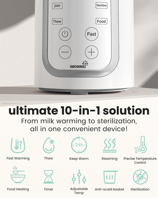 GROWNSY 10-in-1 Fast Baby Bottle Warmer & Sterilizer | Smart Milk Warmer