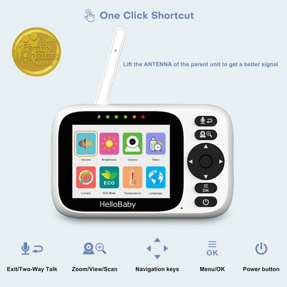 HelloBaby 3.2" Baby Monitor with Camera & Audio | No WiFi, Night Vision, PTZ, 2-Way Talk