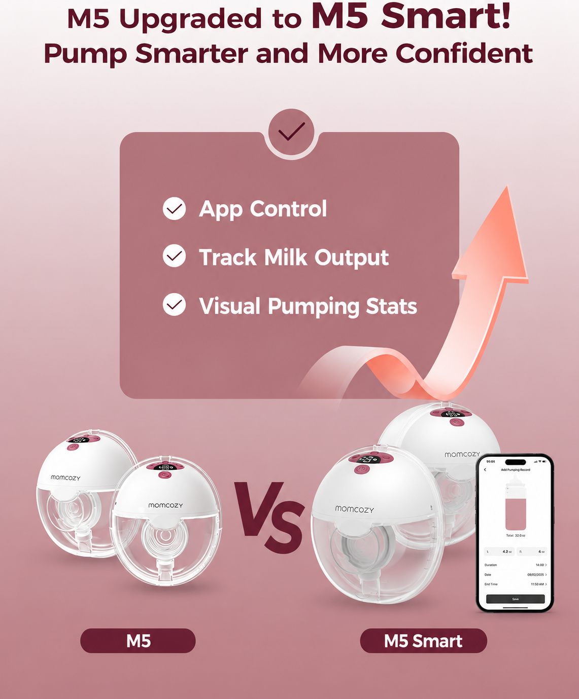 Momcozy All-in-One M5 Double "Smart" Hands Free Wearable Breast Pump 3 Modes 9 Levels Cozy Red