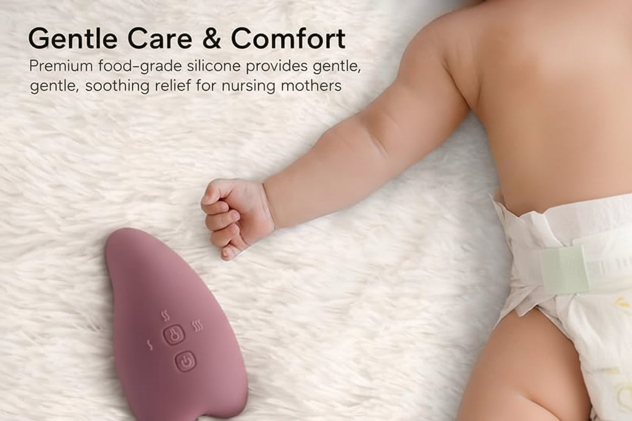 Momcozy Double warming and Lactation Massager on soft surface, designed for comfortable breast massage with heat and vibration.