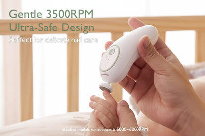 Momcozy Electric Baby Nail File with LED in use, showcasing ultra-low gear for safe nail trimming.